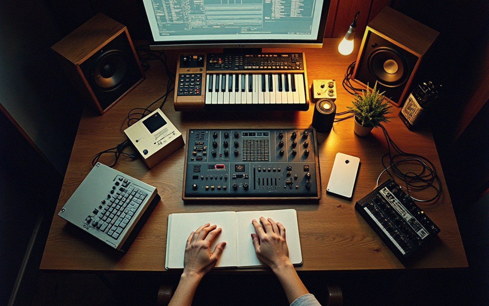 Hands resting on an open notebook amid synthesizers, keyboards and studio monitors on a desk
