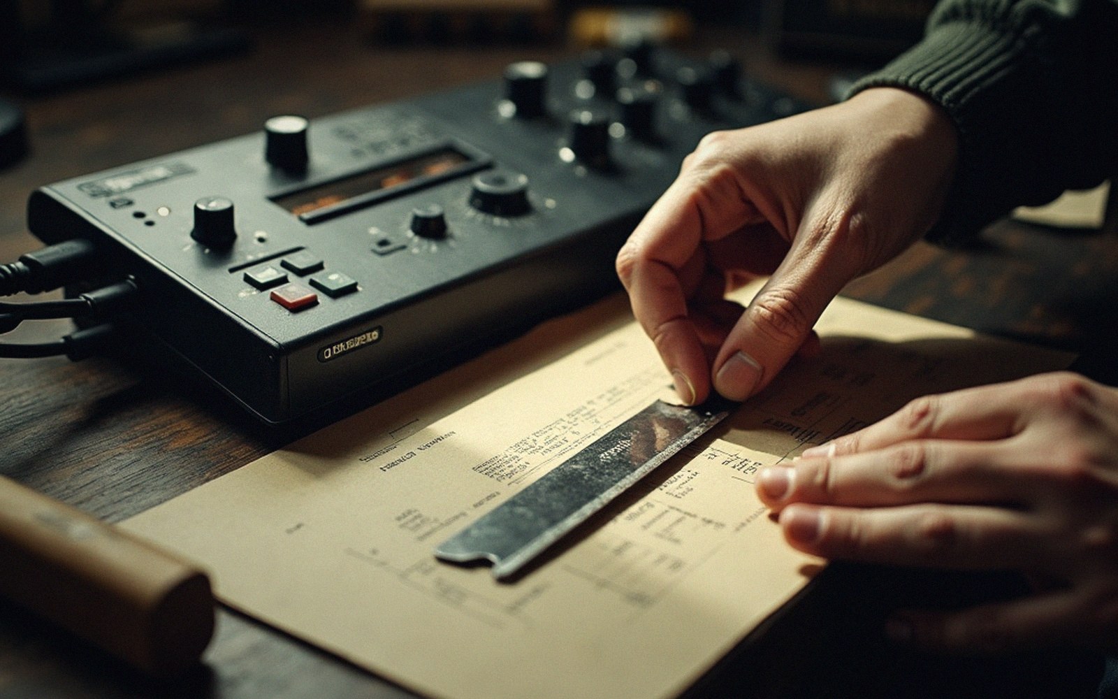 Hands splicing magnetic tape beside a portable multitrack recorder and printed document