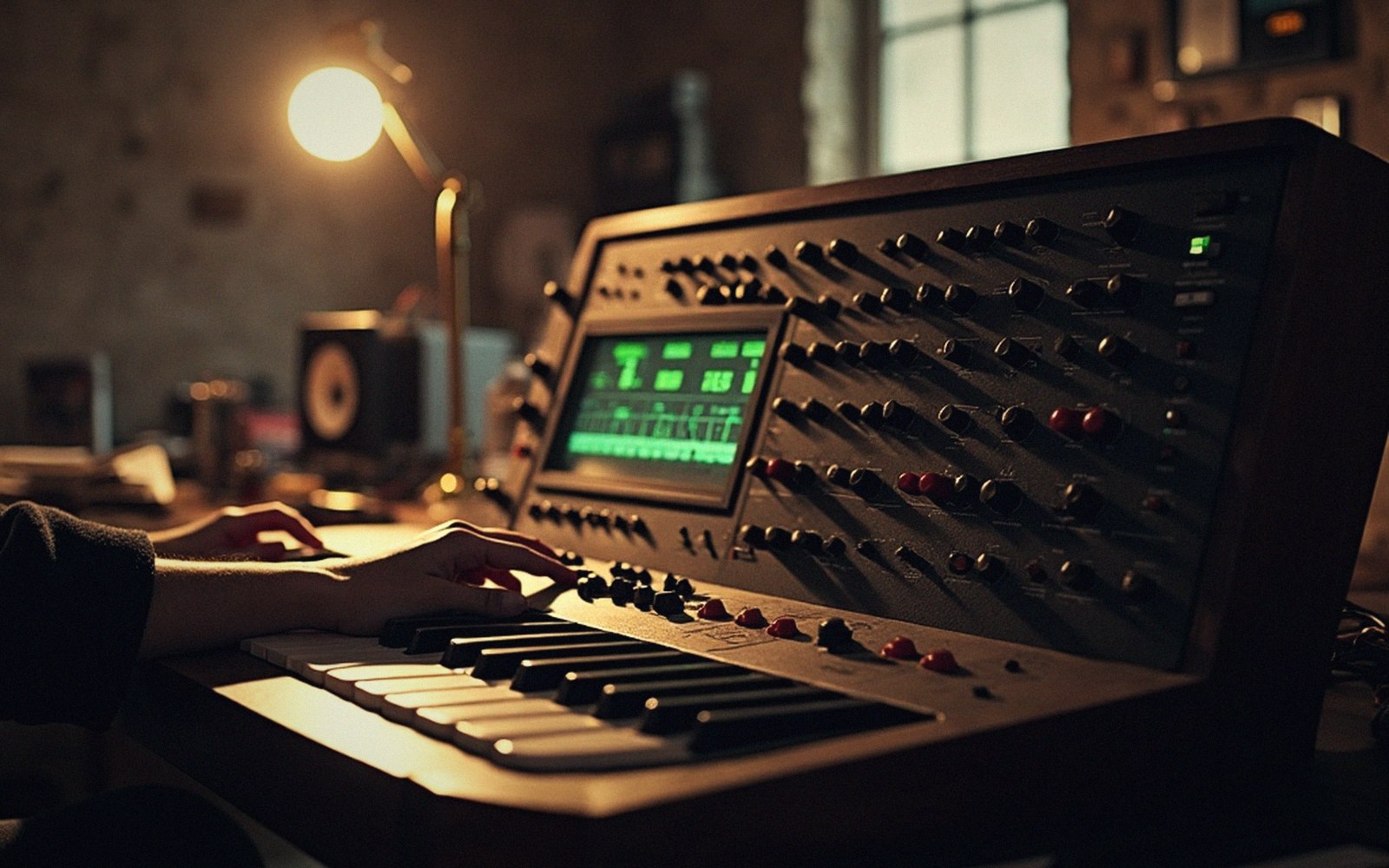 Hands playing a vintage analog synthesizer with glowing green display and rows of knobs