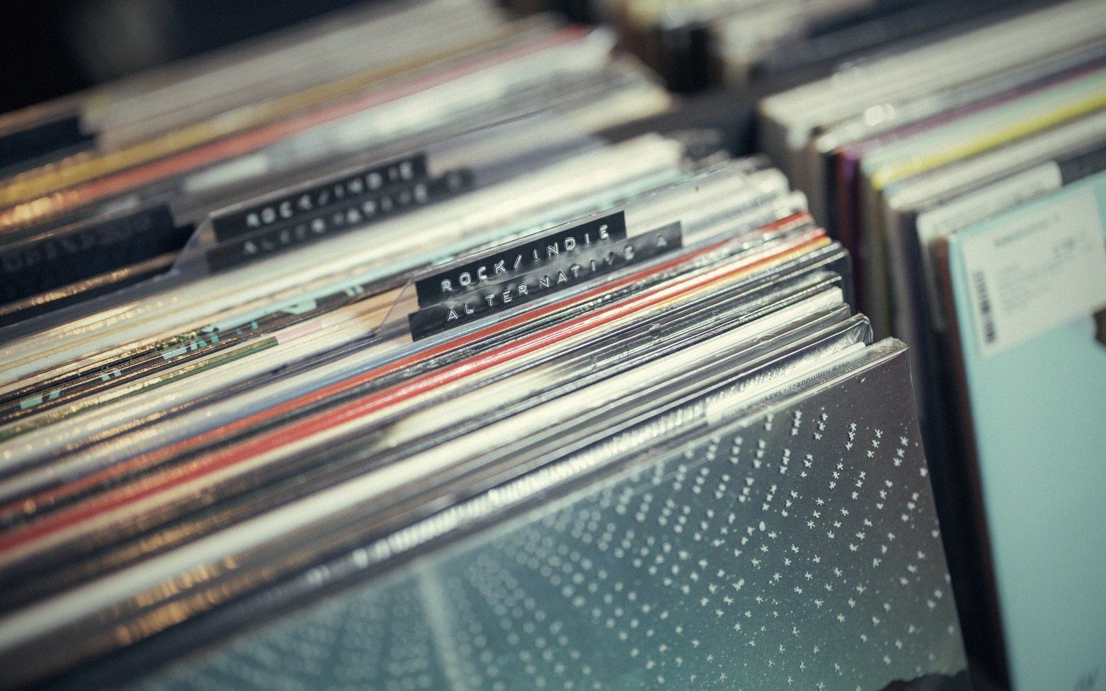 Vinyl records lined up in a bin with a rock/indie alternative divider tab
