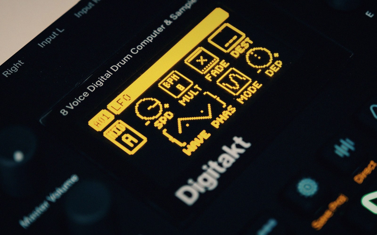An eight-voice digital drum computer, its controls a knob row and a screen